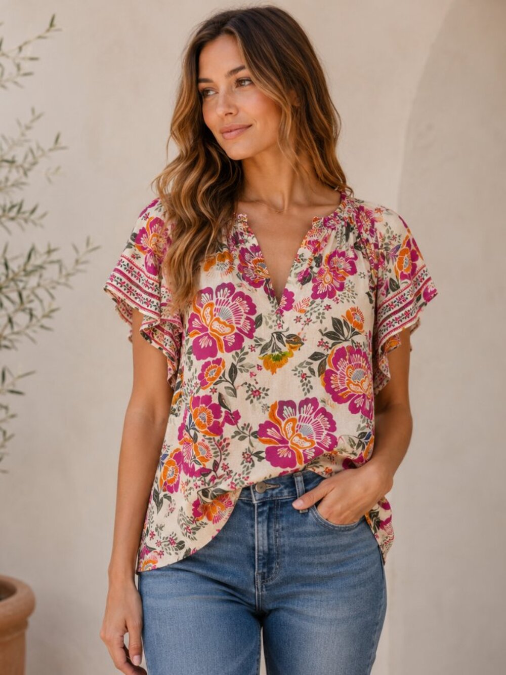 Nicole Miller Artelier Floral Boho Blouse Pink Orange Rayon Top Size Large